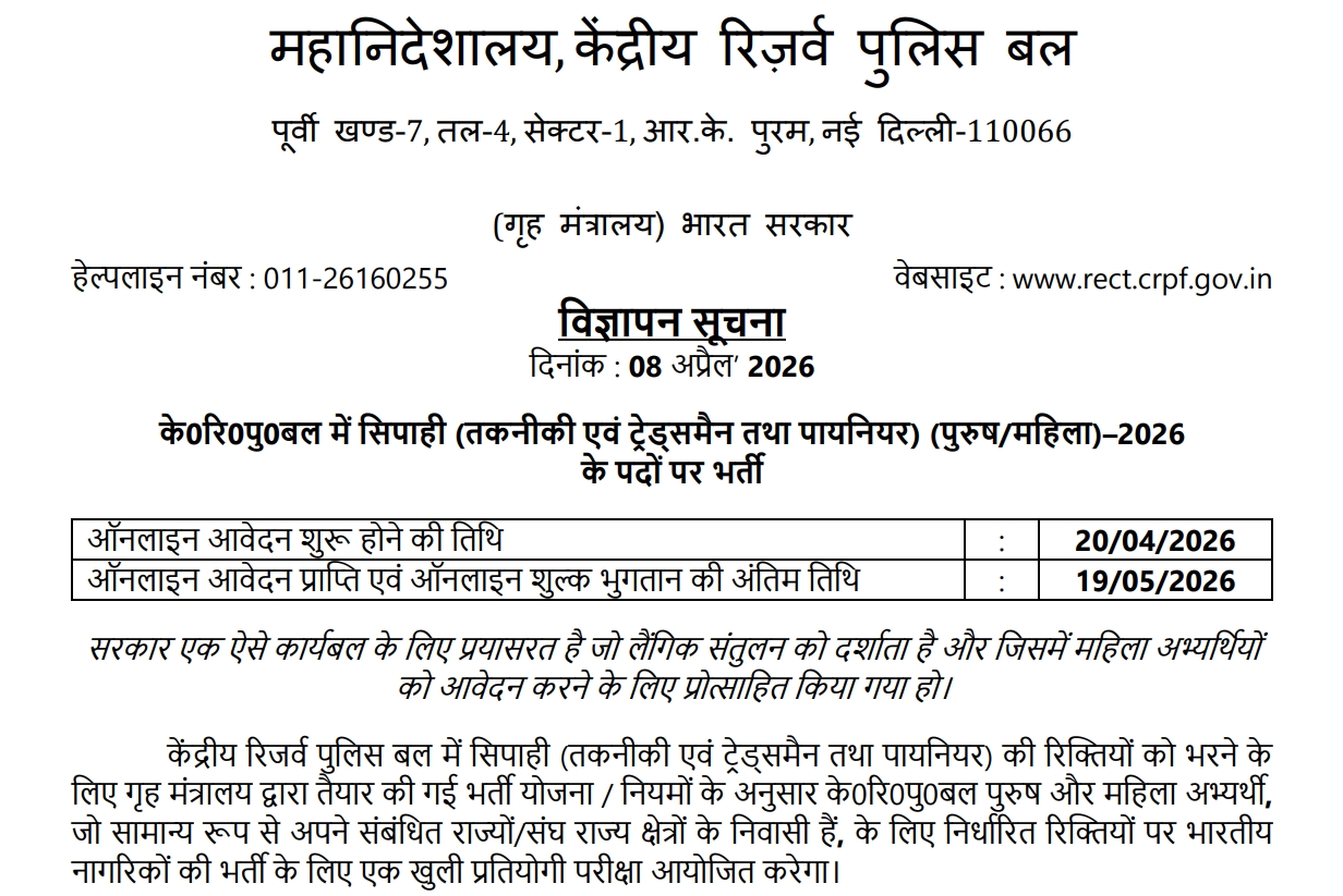 CRPF Constable Tradesman Online Form 2026 (9195 Posts)