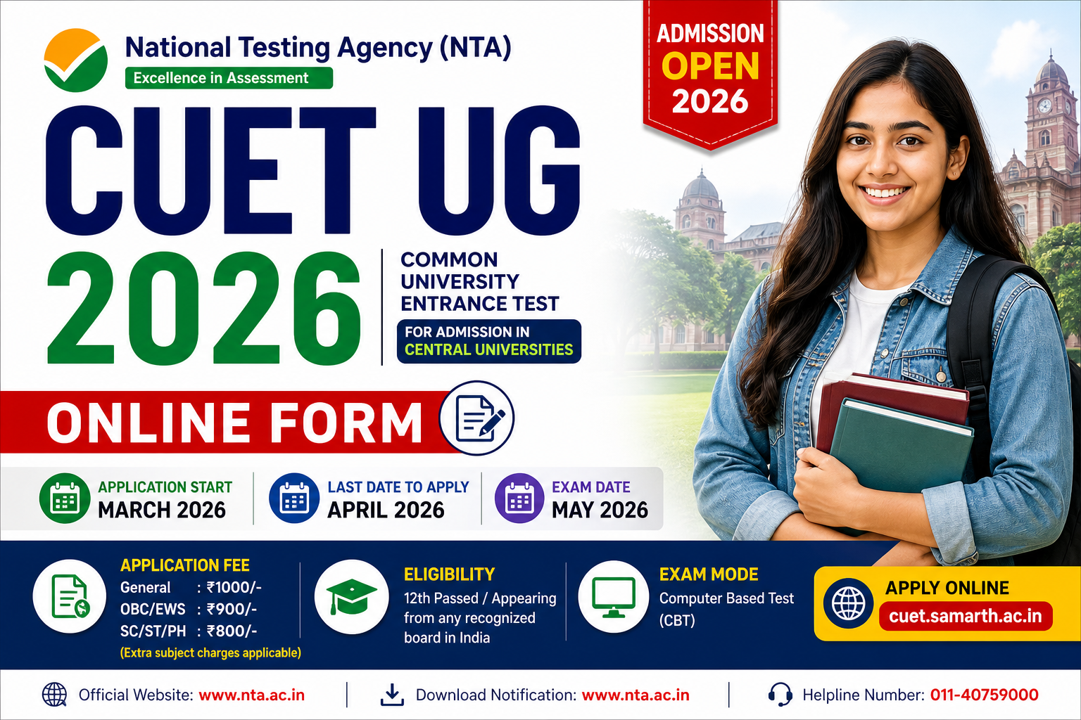 NTA CUET UG 2026 Online Form-Admit Card Out