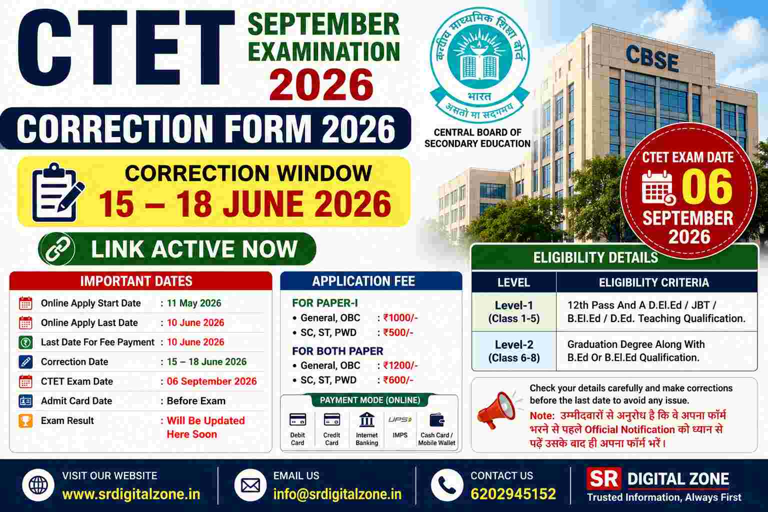 CTET September Correction Form 2026 Link Active